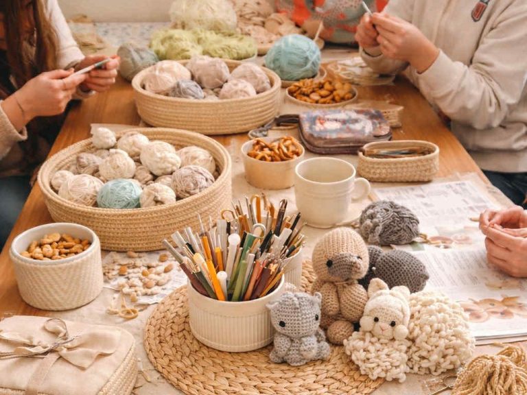 Häkelkurs in Kaarst Teilnehmerinnen häkeln gemeinsam an einem Tisch mit bunten Wollknäueln in der Kreativwerkstatt.